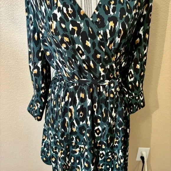 Express Dress Small Olive Green Animal Print Black Mustard Cream Mini Faux Wrap - Picture 3 of 15
